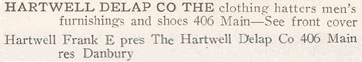 Hartwell Delap Company listing in the 1913 Stamford Register. Mr. Hartwell resides in Danbury.