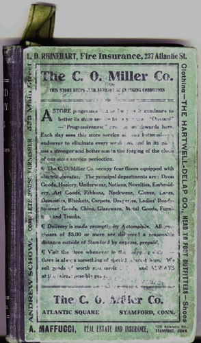 Front Cover, 1913 Stamford Register. The ad for Hartwell Delap Company runs along the right side.