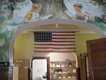 Museum entrance and 34 star flag, mural by Delos Palmer