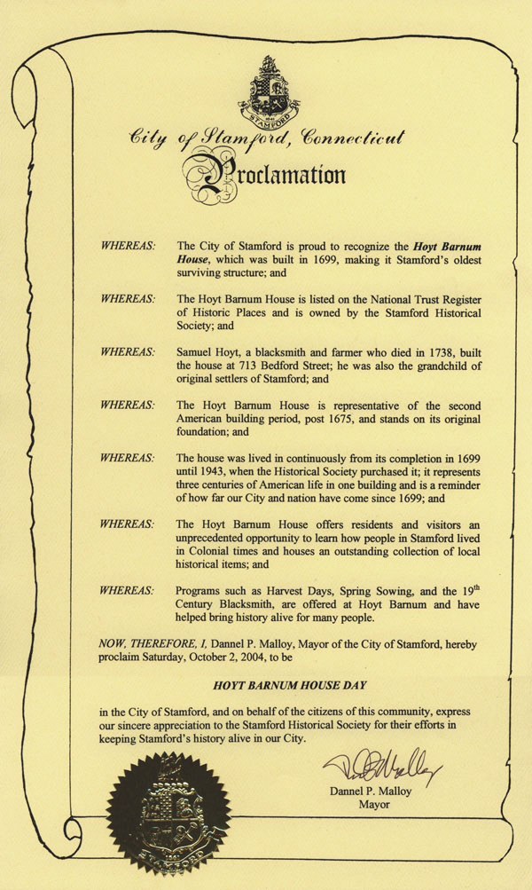 Mayor's Proclamation, Hoyt Barnum House