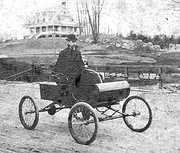 John Mechaley in Stamford's First Oldsmobile, 1896 John Mechaley in Stamford's First Oldsmobile, 1896