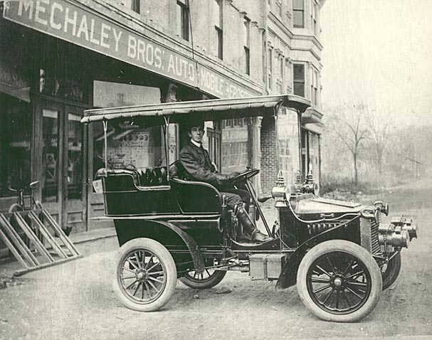 Joe Mechaley in a 1902 White steam automobile Joe Mechaley in a 1902 White steam automobile