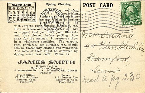 postcard, James Smith Cleaner and Dryer, back: Spring Cleaning advertising