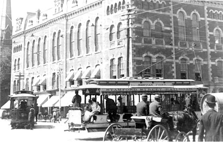 Shippan Point & Cove Road trolley cars  in front of the Town Hall, circa 1902