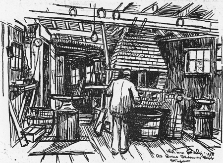 Interesting View of Burnes Blacksmith Shop, Whitman Baily sketch
