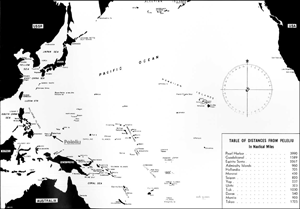 map of the Pacific, depicting Peleliu by arrow, click for large image