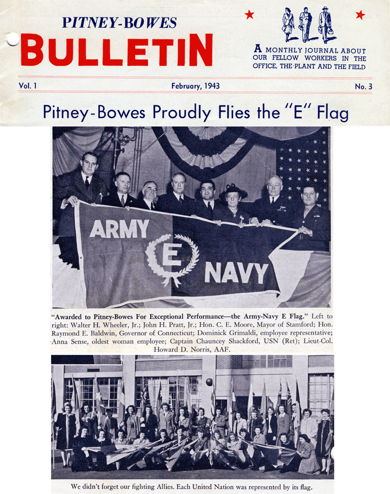 Pitney Bowes Proudly Flies the 'E' Flag, February 1943 bulletin