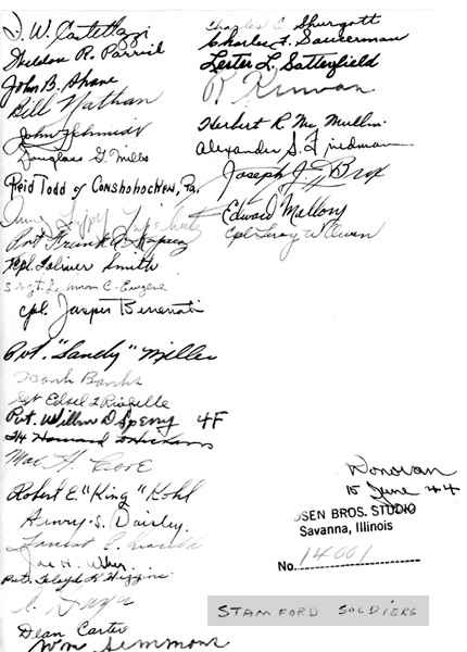 Stamford soldiers' signatures on back of photo above