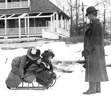 Franklin with his family on the ice outside the Stamford Yacht Club, enlargement