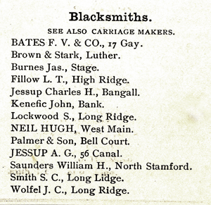 blacksmith listing in 1892 Stamford City Directory blacksmith listing in 1892 Stamford City Directory